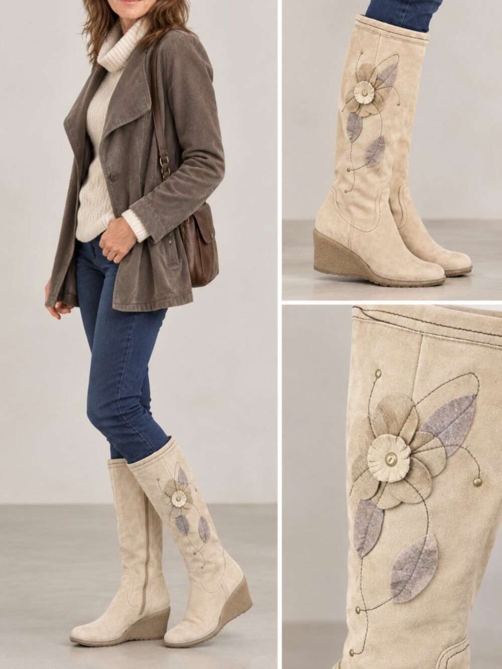 Vintage Passofino Suede Floral Wedge Boots